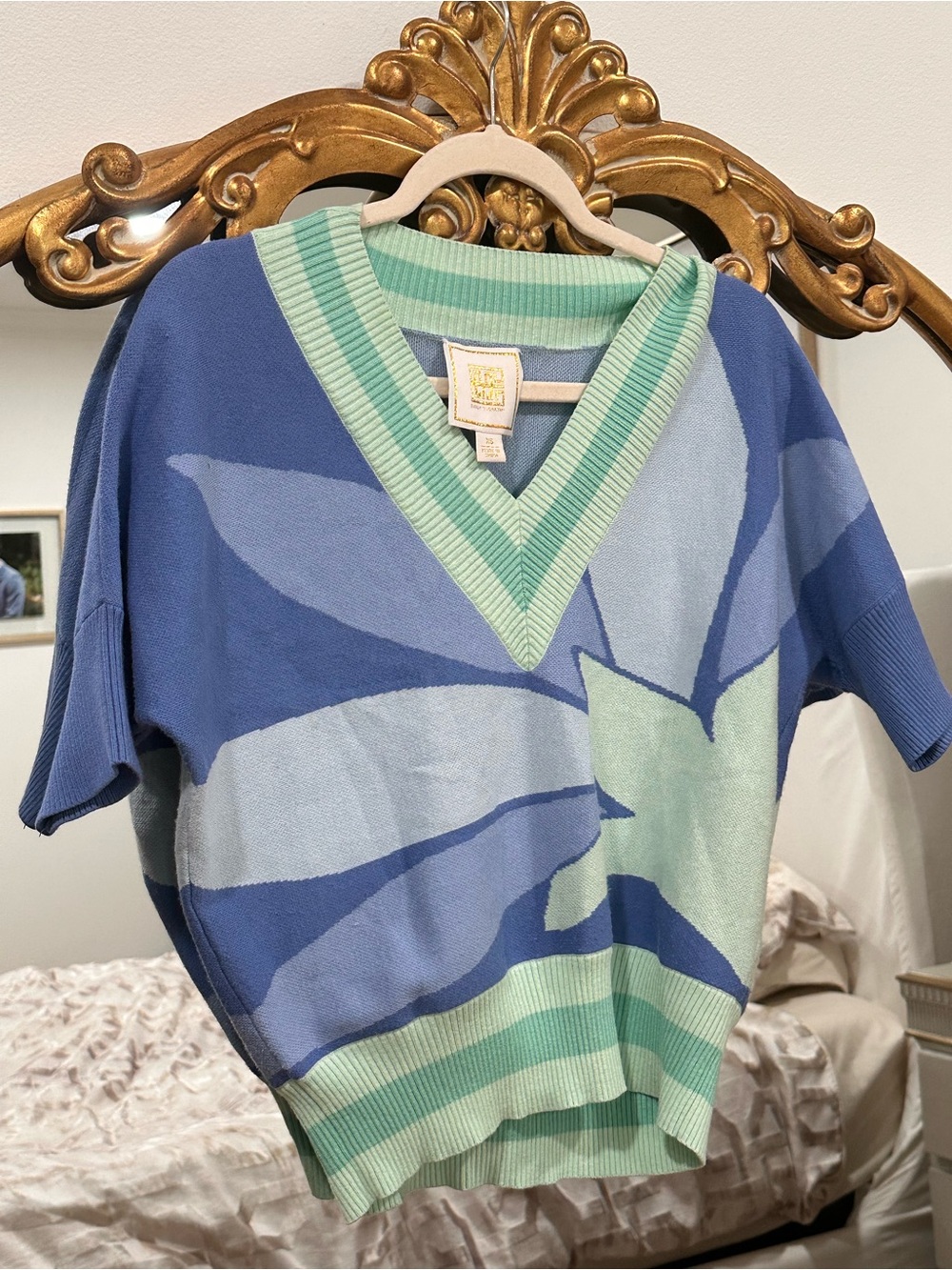 Emily McCarthy V-Neck Short Sleeve Sweater - Blue & Mint XS